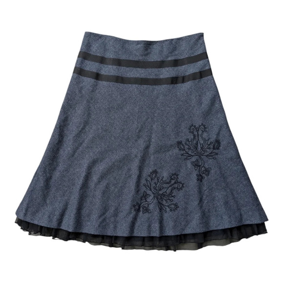 Cassis Wool Blend A-Line Full Skirt Fringe Embroidery  Gray Black 6 - Picture 1 of 8